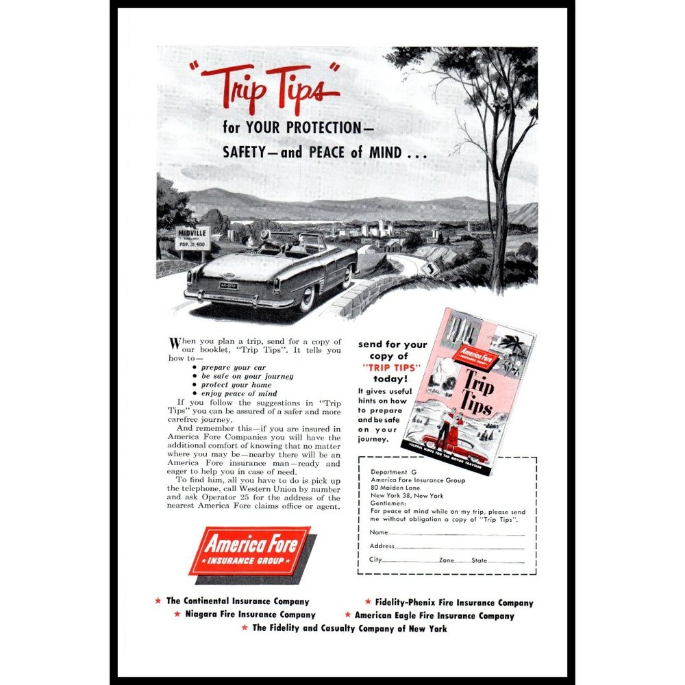 1953 America Fore Insurance Group Vintage Print Ad Country Road Trip Wall Art